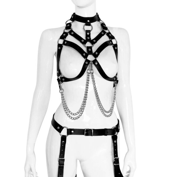 Skórny biustonosz z uprzężą i kajdankami