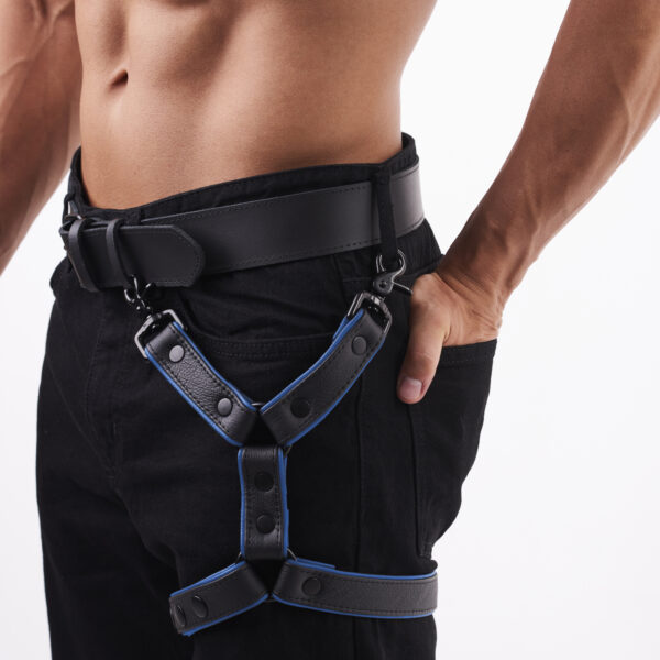 Miękka skórzana uprząż na udo czarny/niebieski