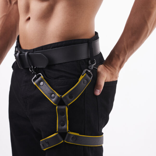 Miękka skórzana uprząż na udo czarny/żółty